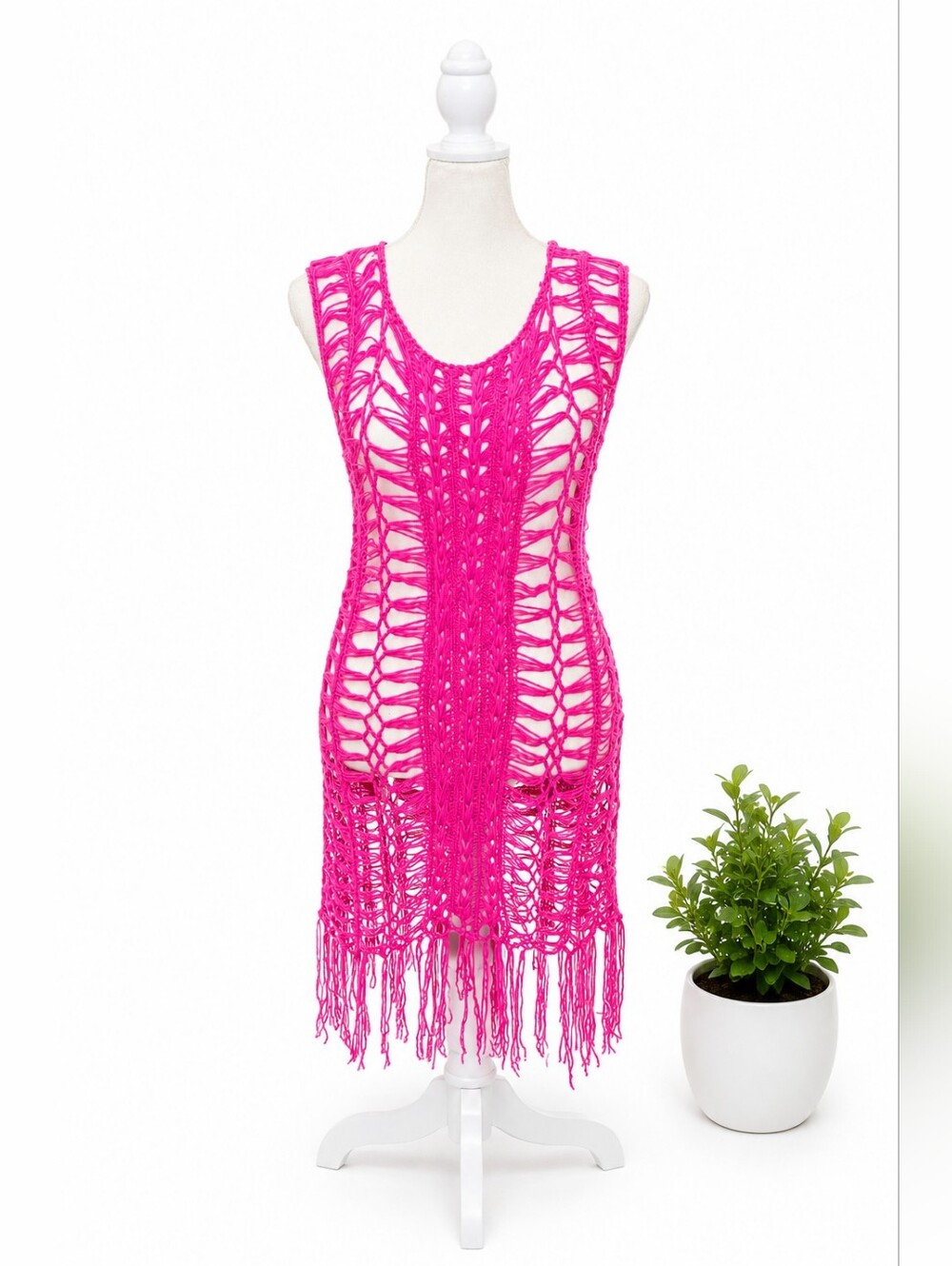 Hot Pink Crochet Fringe Swim Cover-Up Dress - Women Swim - Picture 2 of 5
